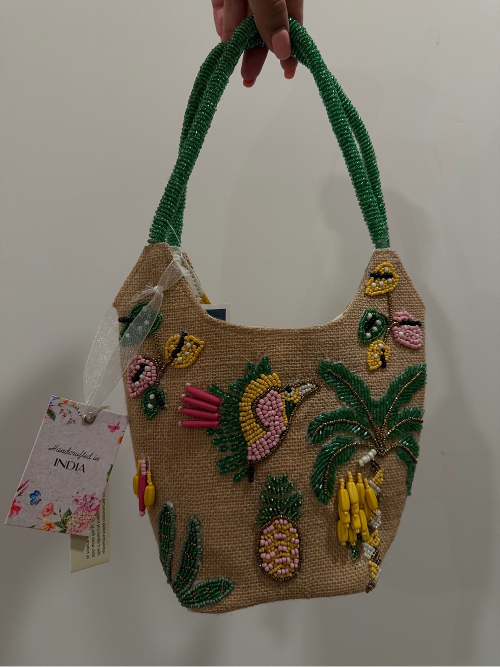 Hand Crafted Beaded Tropical Bag - Natural & Green